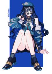 Rule 34 | 1girl, bare shoulders, beret, black footwear, black hair, black shorts, blue hair, bracelet, breasts, buttons, colored inner hair, double-breasted, eyeliner, fate/grand order, fate (series), green hat, green jacket, grey eyes, hat, jacket, jewelry, katagiri (mighty swing), knees up, legs, long hair, looking at viewer, makeup, multicolored hair, neck ring, o-ring, off shoulder, round eyewear, shoes, shorts, sidelocks, sitting, small breasts, sneakers, solo, sunglasses, tenochtitlan (fate), tenochtitlan (second ascension) (fate), wavy hair, zipper