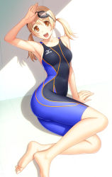 Rule 34 | 1girl, :d, arm up, armpits, blonde hair, bodysuit, breasts, collarbone, competition swimsuit, diving suit, goggles, goggles on head, highres, kuri (kurigohan), looking at viewer, mizuno (brand), one-piece swimsuit, open mouth, orange eyes, original, shadow, sitting, smile, solo, sunlight, swimsuit, twintails, wetsuit