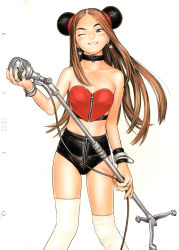 Rule 34 | 1girl, absurdres, breasts, brown hair, choker, flat chest, form code, heart, highres, long hair, microphone, microphone stand, midriff, murata range, one eye closed, pucca, pucca (cartoon), scan, small breasts, solo, thighhighs, wink