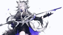 Rule 34 | 1girl, animal ears, arknights, bingbuliguozi, black coat, black dress, black gloves, blood, blue blood, coat, dress, gloves, grin, highres, holding, holding sword, holding weapon, lappland (arknights), lappland (refined horrormare) (arknights), long sleeves, simple background, smile, solo, standing, sword, weapon, white background, white eyes, wolf ears