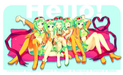 Rule 34 | 5girls, boots, child-box, clone, goggles, goggles on head, green eyes, green hair, gumi, gumi (v3 megpoid), multiple girls, multiple persona, shoes, short hair, sitting, skirt, smile, thigh boots, thighhighs, vocaloid, wink