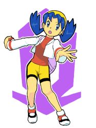 Rule 34 | 1990s (style), 1girl, backpack, bag, bike shorts, blue eyes, blue hair, creatures (company), cropped jacket, full body, game freak, hat, holding, holding poke ball, kris (pokemon), low twintails, matching hair/eyes, nintendo, poke ball, pokemon, pokemon gsc, retro artstyle, shoes, simple background, sneakers, solo, tegaki, twintails