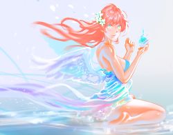 Rule 34 | 1girl, bad id, bad pixiv id, bare shoulders, barefoot, blue eyes, dress, flower, hair flower, hair ornament, liquid clothes, long hair, looking to the side, rapa rachi, red hair, sitting, solo, water, wings