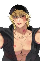 Rule 34 | 10s, 1boy, baseball cap, bite mark, blonde hair, blood, doesfan, female pov, hat, hataraku saibou, killer t (hataraku saibou), licking lips, lipstick mark, pectoral cleavage, male focus, military, military uniform, muscular, open clothes, open shirt, pectorals, pov, simple background, solo, tongue, tongue out, uniform, white background, yellow eyes
