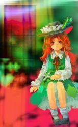 Rule 34 | abstract background, alternate color, black footwear, black hat, collared shirt, commentary request, cross, dress, fedora, frilled hat, frills, green dress, hat, hat feather, highres, holding, holding cross, jacket girl (dipp), kaigen 1025, long hair, long sleeves, looking at viewer, multicolored background, red eyes, red hair, red ribbon, ribbon, shirt, sitting, solo, touhou, very long hair, wavy hair, white shirt