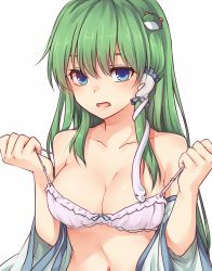 Rule 34 | 1girl, bare shoulders, blue eyes, blush, bra, breasts, cleavage, collarbone, commentary request, detached sleeves, frog hair ornament, green hair, hair between eyes, hair ornament, hair tubes, hands up, kochiya sanae, long hair, long sleeves, looking at viewer, medium breasts, miyo (ranthath), navel, open mouth, pulled by self, sidelocks, simple background, snake hair ornament, solo, stomach, strap pull, touhou, underwear, upper body, white background, white bra, wide sleeves