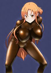 Rule 34 | 10s, 1girl, absurdres, arms behind back, asuna (sao), blue background, blush, braid, breasts, embarrassed, highres, huge breasts, latex, latex suit, leaning forward, legs, long hair, looking at viewer, matching hair/eyes, orange eyes, orange hair, shiny clothes, simple background, skin tight, solo, standing, sword art online, thighs