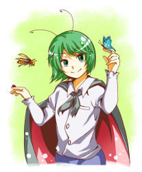 Rule 34 | 1girl, androgynous, antennae, black cape, blue shorts, bug, butterfly, butterfly on hand, cape, closed mouth, collared shirt, commentary request, flat chest, green eyes, green hair, insect, ladybug, long sleeves, maru (1025519), red cape, shirt, short hair, shorts, smile, solo, touhou, two-sided cape, two-sided fabric, upper body, wasp, white shirt, wriggle nightbug