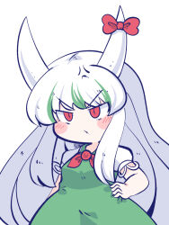 Rule 34 | 1girl, anger vein, blush stickers, bow, chahan (fried rice0614), closed mouth, commentary request, dress, ex-keine, green dress, green hair, highres, horn bow, horn ornament, horns, kamishirasawa keine, long hair, multicolored hair, neckerchief, red bow, red eyes, red neckerchief, short sleeves, sidelocks, simple background, solo, streaked hair, touhou, two-tone hair, v-shaped eyebrows, white background, white hair