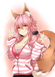 Rule 34 | 1girl, animal ears, blush, bra, breasts, cleavage, collarbone, fate (series), fox ears, fox tail, highres, jewelry, large breasts, looking at viewer, nail polish, necklace, official alternate costume, open clothes, open shirt, pink bra, pink hair, rua (abcd29211), shirt, solo, striped clothes, striped shirt, tail, tamamo (fate), tamamo no mae (fate/extra), tamamo no mae (spring casual) (fate), twintails, underwear, yellow eyes