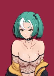 Rule 34 | 1girl, bad id, bad pixiv id, bare shoulders, black collar, bow, braid, breasts, cleavage, closed mouth, clothes pull, collar, collarbone, french braid, girls&#039; frontline, green hair, hair bow, hakugin006, highres, jacket, jacket pull, looking at viewer, medium breasts, mk46 (girls&#039; frontline), multicolored hair, nipples, red background, short hair, side ponytail, solo, upper body, yellow eyes
