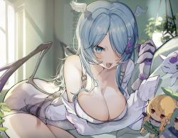 Rule 34 | 1girl, aqua eyes, blue hair, blue wings, blush, breasts, cleavage, collarbone, doll, dragon girl, elira pendora, elira pendora (1st costume), finana ryugu, gloves, grey gloves, grey overalls, hair ornament, hair over one eye, head wings, highres, large breasts, long hair, looking at viewer, low wings, lying, nijisanji, nijisanji en, off shoulder, oimo 0imo, one eye covered, open mouth, overall shorts, overalls, pomu rainpuff, pomu rainpuff (1st costume), single glove, smile, solo focus, sweater, virtual youtuber, white sweater, wings, x hair ornament