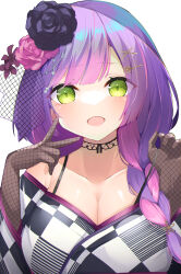 Rule 34 | 1girl, absurdres, black bra, black flower, black rose, bra, bra strap, braid, breasts, brown gloves, checkered clothes, checkered kimono, choker, cleavage, fishnet gloves, fishnets, flower, french braid, gloves, gradient hair, green eyes, hair flower, hair ornament, hairclip, highres, hololive, jam (jamjam777), japanese clothes, kimono, lace, lace choker, lace gloves, large breasts, long hair, looking at viewer, multicolored hair, off shoulder, official alternate costume, open mouth, pink flower, pink hair, pink rose, purple hair, rose, solo, strap lift, tokoyami towa, tokoyami towa (new year), two-tone kimono, underwear, upper body, v, virtual youtuber, x hair ornament