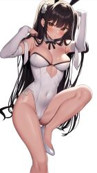 Rule 34 | 1girl, absurdres, animal ears, armpits, arms up, bare legs, bare shoulders, black hair, bow, bowtie, breasts, choker, cleavage, clothing cutout, covered navel, detached sleeves, flower, hair flower, hair ornament, hatsuno xxx, highleg, highleg leotard, highres, invisible chair, knee up, leotard, long hair, long sleeves, looking at viewer, medium breasts, orange eyes, original, playboy bunny, rabbit ears, shoes, simple background, sitting, solo, strapless, strapless leotard, thighs, two side up, underboob cutout, very long hair, white background, white choker, white footwear, white leotard