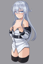 Rule 34 | blue eyes, blush, breasts, flat chest, grey background, hair between eyes, half-closed eyes, hibiki (kancolle), highres, jitome, kantai collection, long hair, looking at viewer, self exposure, senekio, silver hair, simple background, small breasts, solo, thighhighs, thighs, verniy (kancolle), very long hair