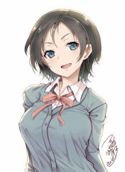 Rule 34 | 1girl, :d, artist name, black hair, blue eyes, breasts, cardigan, dated, large breasts, looking at viewer, open mouth, original, school uniform, short hair, signature, simple background, smile, solo, tsurugi hagane, upper body, white background