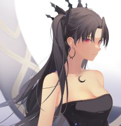 Rule 34 | 1girl, absurdres, bare shoulders, black hair, black ribbon, closed mouth, collarbone, crescent, crescent necklace, earrings, fate/grand order, fate (series), hair ribbon, heavenly boat maanna, highres, hoop earrings, ishtar (fate), jewelry, long hair, looking at viewer, necklace, parted bangs, red eyes, ribbon, solo, strapless, tr (hareru), tube top, two side up, upper body, white background