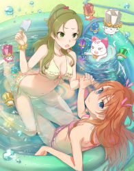 Rule 34 | 10s, 2girls, arm support, bare shoulders, bikini, blue eyes, blush, breasts, brooch, brown hair, bubble, cat, cleavage, collarbone, crossed legs, dodory, dory, fary, female focus, food, green eyes, green hair, hair ribbon, half updo, highres, holding, holding hands, hose, houjou hibiki, hummy (suite precure), interlocked fingers, jewelry, lary, legs, long hair, looking at viewer, looking back, medium breasts, minamino kanade, minatsuki randoseru, miry, multiple girls, navel, o o, open mouth, own hands together, pink bikini, pool, popsicle, precure, pull, rery, ribbon, side-tie bikini bottom, sitting, sitting on person, small breasts, smile, sory, suite precure, swimsuit, tiry, two side up, wading pool, water, wet, white bikini