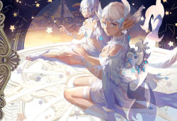 Rule 34 | 10s, 2girls, achyue, archer (dragon nest), arm support, bare shoulders, blue eyes, bridal gauntlets, dragon nest, feather trim, feathers, looking back, multiple girls, parted lips, pointy ears, profile, short hair, sitting, star (symbol), thighhighs, tiara, wariza, white hair