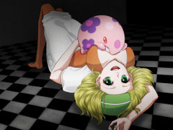 Rule 34 | 10s, 1girl, between breasts, bianca (pokemon), blonde hair, breasts, checkered floor, chizuonnu, cleavage, creatures (company), female focus, floor, game freak, gen 5 pokemon, green eyes, hat, large breasts, lying, munna, nintendo, on back, open mouth, pantyhose, pokemon, pokemon (creature), pokemon bw, short hair, skirt, smile, solo, white skirt