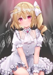 Rule 34 | 1girl, absurdres, alternate costume, ascot, blonde hair, buttons, crystal wings, diamond button, flandre scarlet, frilled skirt, frills, hair ribbon, highres, puffy short sleeves, puffy sleeves, red eyes, ribbon, shirt, short sleeves, skirt, smile, solo, touhou, usushio, white ascot, white ribbon, white shirt, white skirt, white wrist cuffs, wrist cuffs