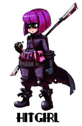 Rule 34 | 1girl, alex ahad (style), bad id, bad pixiv id, belt, belt pouch, black gloves, bob cut, boots, cape, character name, double-blade, explosive, gloves, green eyes, grenade, hit-girl, kick-ass, knee pads, mask, official style, parody, plaid, plaid skirt, polearm, pouch, purple hair, shioinu kemushi, short hair, simple background, skirt, skullgirls, solo, standing, style parody, superhero costume, weapon, white background, wig