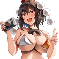 Rule 34 | 1girl, belko, bikini, black bow, black bowtie, black hair, bow, bowtie, breasts, camera, cleavage, fang, hat, highres, holding, holding camera, large breasts, looking at viewer, medium hair, micro bikini, open mouth, pom pom (clothes), red eyes, shameimaru aya, simple background, solo, swimsuit, tokin hat, touhou, upper body, v, white background