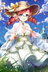 Rule 34 | 1girl, 42 navy, bad id, bad pixiv id, blue eyes, blue sky, bow, bracelet, breasts, castle, choker, cleavage, cloud, day, dress, drill hair, earrings, elbow gloves, flower, glasses, gloves, hair flower, hair ornament, hand on own chest, hat, hat bow, hat flower, hat ribbon, jewelry, outdoors, petals, red hair, ribbon, see-through, single glove, sky, smile, solo, sun hat, sword girls, twin drills, vernika answer, white dress, white gloves