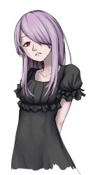 Rule 34 | 1girl, alternate costume, arms behind back, black dress, collarbone, cowboy shot, dress, hair over one eye, highres, little witch academia, long hair, looking at viewer, mihailseiko, pink hair, red eyes, simple background, sucy manbavaran, upper body, white background