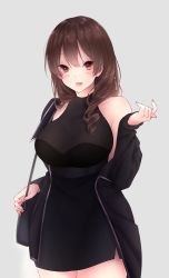 Rule 34 | 1girl, :d, bare shoulders, black bag, black dress, black jacket, breasts, brown hair, commentary, cowboy shot, dress, english commentary, grey background, highres, jacket, large breasts, long hair, looking at viewer, off-shoulder jacket, off shoulder, open mouth, original, red eyes, simple background, sleeveless, sleeveless dress, smile, solo, tsukichan (maynyan23)