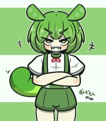 Rule 34 | +++, 1girl, commentary request, crossed arms, green background, green hair, green shorts, grin, highres, looking at viewer, puffy short sleeves, puffy sleeves, sharp teeth, shirt, short sleeves, shorts, smile, solo, standing, suspender shorts, suspenders, tail, teeth, translation request, two-tone background, uni souchou, v-shaped eyebrows, voicevox, white background, white shirt, yellow eyes, zundamon