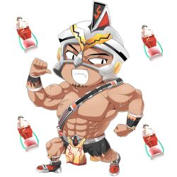 Rule 34 | 1boy, abs, biceps, black eyes, black shorts, bottle, bracer, character request, chibi, commentary request, facial hair, flame print, full body, goatee, grin, helmet, hop step jumpers, lets0020, looking at viewer, male focus, muscular, muscular male, no nipples, pectorals, red footwear, shoes, shorts, simple background, smile, sneakers, solo, topless male, transparent background, v-shaped eyebrows