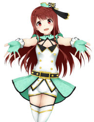 Rule 34 | 1girl, belt, blush, brown eyes, brown hair, cowboy shot, dress, fingerless gloves, gloves, gold trim, hat, highres, idolmaster, idolmaster million live!, idolmaster million live! theater days, long hair, looking at viewer, open mouth, outstretched arms, raidensan, simple background, skirt, smile, solo, tanaka kotoha, thighhighs, top! clover, white background, white thighhighs