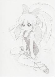 Rule 34 | 00s, 1girl, akazutsumi momoko, bare legs, blush, bow, collarbone, dress, full body, greyscale, hair bow, hyper blossom, long hair, looking at viewer, monochrome, ponytail, powerpuff girls, powerpuff girls z, shoes, simple background, sitting, sketch, solo, very long hair, wariza, white background