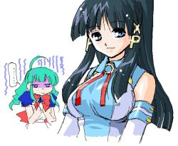 Rule 34 | ..., 2girls, ahoge, bare shoulders, black hair, blue eyes, blush, breast envy, breasts, clenched hand, collar, detached sleeves, glaring, green hair, lips, looking at viewer, me-tan, multiple girls, os-tan, shaded face, simple background, smile, speech bubble, upper body, xp-tan