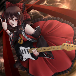 Rule 34 | 1girl, \n/, adapted costume, alternate costume, ascot, bad id, bad pixiv id, bow, brown eyes, brown hair, detached sleeves, electric guitar, female focus, fender stratocaster, guitar, hair bow, hair tubes, hakurei reimu, highres, instrument, japanese clothes, miko, mochi.f, red eyes, short hair, solo, torii, touhou