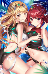 Rule 34 | 10s, 2girls, artist name, ass, bare shoulders, blonde hair, blush, breasts, butt crack, competition swimsuit, cowboy shot, day, dress, gem, hair ornament, hand up, headpiece, highres, jewelry, large breasts, leotard tug, long hair, looking at viewer, multiple girls, mythra (xenoblade), navel, nintendo, one-piece swimsuit, outdoors, palm leaf, parted lips, pyra (xenoblade), red eyes, red hair, shiny skin, short hair, sidelocks, smile, squchan, stomach, swept bangs, swimsuit, thighs, tiara, very long hair, water drop, watermark, web address, xenoblade chronicles (series), xenoblade chronicles 2, yellow eyes