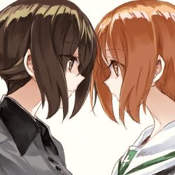 Rule 34 | 10s, 2girls, bad id, bad twitter id, brown eyes, brown hair, close-up, commentary request, eyes visible through hair, face-to-face, girls und panzer, grey shirt, kuromorimine school uniform, multiple girls, nishizumi maho, nishizumi miho, ooarai school uniform, school uniform, serafuku, shirt, short hair, siblings, sisters, white background, yuuyu (777)