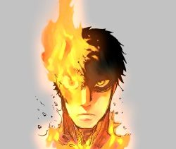 Rule 34 | 1boy, agni (fire punch), black hair, burning, fire, fire punch, flaming eye, grey background, head only, looking at viewer, orange eyes, portrait, sen (sus pain), short hair, simple background, solo