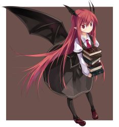 Rule 34 | 1girl, :&lt;, bat wings, black pantyhose, book, carrying, dress shirt, embodiment of scarlet devil, female focus, full body, head wings, koakuma, leaning forward, loafers, long hair, makai no koutaishi, necktie, pantyhose, pointy ears, red eyes, red hair, shirt, shoes, simple background, skirt, solo, touhou, very long hair, vest, wings
