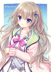 Rule 34 | 1girl, 9-nine-, blue eyes, bow, brown hair, closed mouth, collarbone, commentary request, dress, grey sailor collar, hagino kouta, hair between eyes, hair ornament, jacket, kujou miyako, long hair, long sleeves, looking at viewer, open clothes, open jacket, pink bow, pink jacket, sailor collar, sailor dress, sleeves past wrists, smile, solo, twitter username, very long hair, white dress