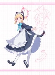 Rule 34 | 1girl, animal ear headphones, animal ears, apron, black dress, black footwear, blonde hair, blue archive, blush, cat tail, closed mouth, commentary, dress, fake animal ears, frilled apron, frills, halo, headphones, highres, long sleeves, maeya susumu, maid, maid apron, maid headdress, momoi (blue archive), momoi (maid) (blue archive), multiple views, official alternate costume, pantyhose, pink halo, red eyes, shoes, short hair, symbol-only commentary, tail, white apron, white pantyhose