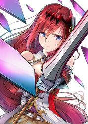 Rule 34 | 1girl, amagami (makise tsubaki), belt, blue eyes, detached sleeves, dutch angle, floating hair, gauntlets, godsworn alexiel, granblue fantasy, hair between eyes, hair ornament, holding, holding sword, holding weapon, long hair, looking at viewer, red hair, solo, sword, very long hair, weapon, white background