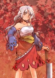 Rule 34 | 1girl, armpits, breasts, cleavage, cleaver, detached sleeves, dress, grey hair, hand on own hip, holding cleaver, leaf, long hair, looking at viewer, maple leaf, medium breasts, rangycrow, red eyes, red ribbon, ribbon, sakata nemuno, solo, standing, storn clothes, torn clothes, torn dress, touhou