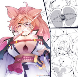 Rule 34 | 1boy, 1girl, baiken, breasts, clenched teeth, commentary, cum, ejaculation, english commentary, eyepatch, facial, facial mark, from above, from below, guilty gear, handsfree paizuri, hetero, hot vr, invisible penis, japanese clothes, katana, kimono, large breasts, mouth hold, multiple views, nipples, no bra, one eye covered, open clothes, open kimono, paizuri, penis, pixiv username, ponytail, projectile cum, red eyes, red hair, sash, scar, scar across eye, scar on face, sheath, sheathed, solo focus, sword, teeth, weapon