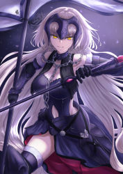 Rule 34 | 1girl, absurdres, armor, armored dress, black gloves, black thighhighs, breasts, chain, cleavage, eyebrows hidden by hair, fate/grand order, fate (series), flag, gloves, headpiece, highres, holding, holding flag, holding sword, holding weapon, jeanne d&#039;arc (fate), jeanne d&#039;arc alter (avenger) (fate), jeanne d&#039;arc alter (avenger) (third ascension) (fate), jeanne d&#039;arc alter (fate), kamo ashi, long hair, looking at viewer, open mouth, silver hair, smile, solo, sword, thighhighs, weapon, yellow eyes