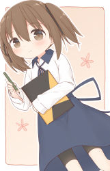 Rule 34 | 1girl, ayanepuna, bike shorts, black shorts, blue ribbon, blue skirt, blush, brown eyes, brown hair, closed mouth, collared shirt, commentary request, dutch angle, feet out of frame, hair between eyes, highres, holding, holding pen, long sleeves, looking at viewer, neck ribbon, original, pen, ribbon, shirt, short shorts, shorts, shorts under skirt, skirt, sleeves past wrists, smile, solo, standing, tama (ayanepuna), twintails, white shirt
