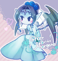 Rule 34 | 1girl, alternate costume, alternate hairstyle, black eyes, black hair, black wings, blue dress, blue skin, breasts, character name, chibi, cleavage, colored skin, dress, earrings, flower, ghost bride morgana, jewelry, league of legends, mizoreame, morgana (league of legends), pointy ears, rose, solo, strapless, strapless dress, veil, wedding dress, wings