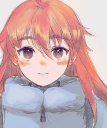 1girl ahoge blue_jacket celeste_(video_game) closed_mouth coat fuwamoko_momen_toufu hair_between_eyes highres jacket long_bangs long_hair long_sleeves looking_at_viewer madeline_(celeste) orange_hair red_eyes solo upper_body very_long_hair winter_clothes winter_coat