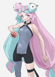 Rule 34 | 1girl, aqua hair, asymmetrical clothes, bare arms, bare shoulders, bow-shaped hair, commentary, creatures (company), game freak, grey background, grin, highres, holding, holding poke ball, iono (pokemon), long hair, looking at viewer, low-tied long hair, multicolored hair, nintendo, pink eyes, pink hair, poke ball, poke ball (basic), pokemon, pokemon sv, sharp teeth, simple background, single pantsleg, smile, solo, split-color hair, tanabe (fueisei), teeth, two-tone hair, very long hair